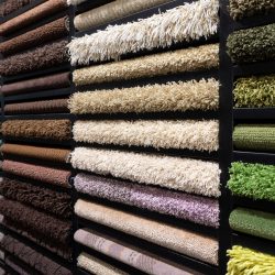 Samples of carpets of different colors on a stand in a store or production. Multi-colored carpet samples on the floor