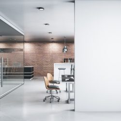 Comfortable office lobby interior with blank white wall. Workplace and lifestyle concept. 3D Rendering