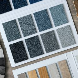 flooring material and skirting samples. carpet, laminate, vinyl. top view